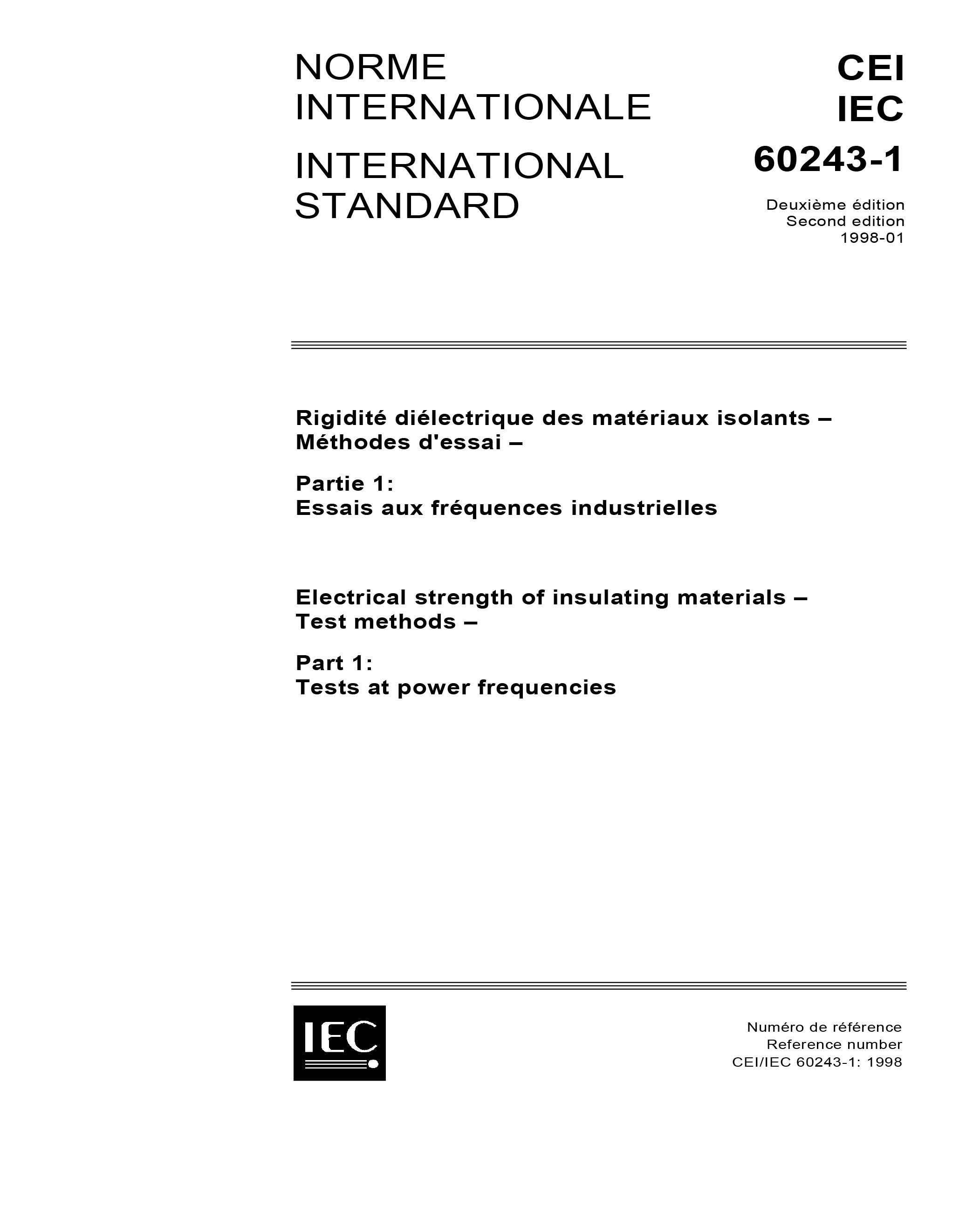 IEC 60243-1 Ed. 2.0 b:1998 - Electrical strength of insulating